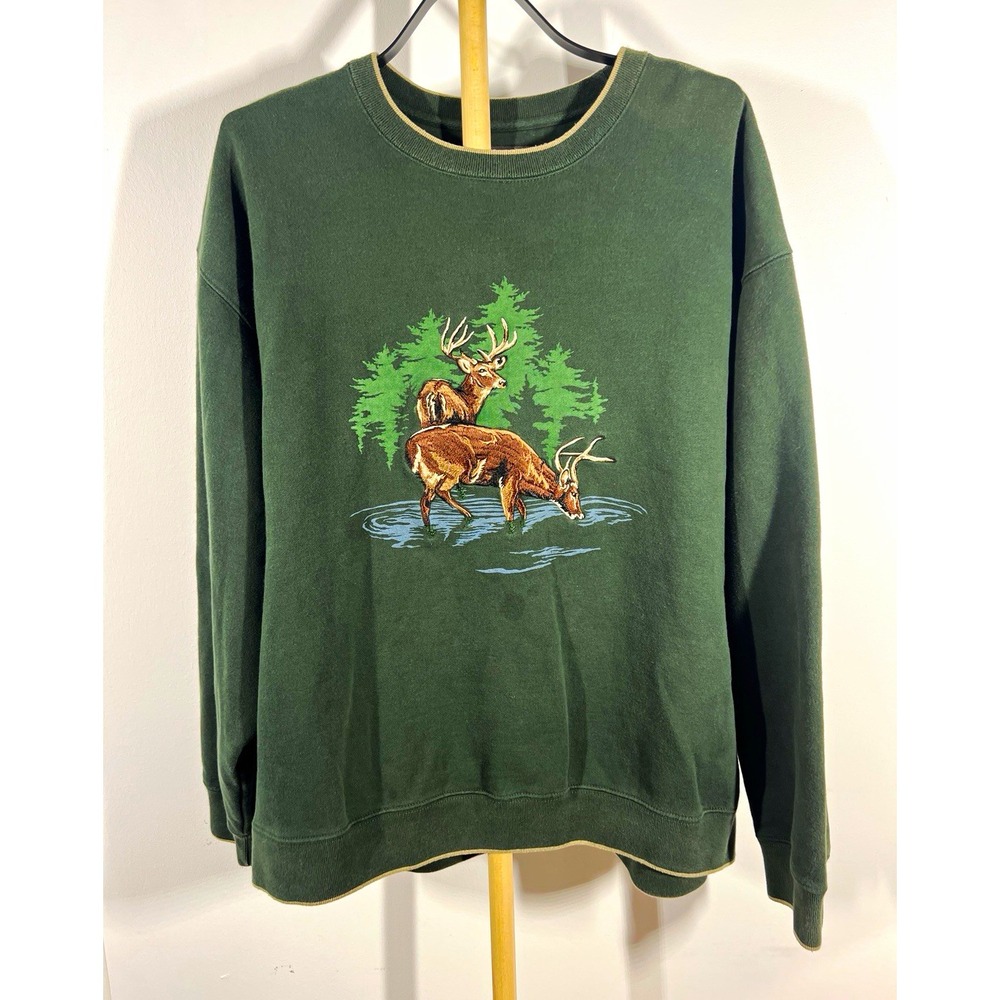 Croft & Barrow Deer Wildlife Sweatshirt Mens XL Green Embroidered Buck Hunting